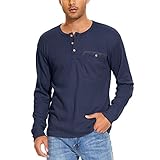 GLESTORE Langarmshirt Herren Herbst Winter Henley Shirt Waffelstrick Causal Brusttasche Knopfleiste Hemd T-Shirts Marineblau L