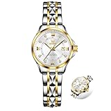 OLEVS Gold-Silber Damen Uhr Bicolor Edelstahl Diamant Wasserdicht Armbanduhr Damen Weiß Gesicht Moderne Analog Damenuhr mit Datum Leuchtend Mode Kleines Quarzuhr Geschenke für Frauen