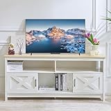 Roomark Fernsehkommode, TV Schrank für Fernseher 65 Zoll, TV Sideboard mit Steckdosen, TV Board mit Ablageschränken & offenem Regal, Landhausstil Fernseher Tisch Modern für Wohnzimmer (Natürlich)