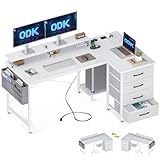 ODK Eckschreibtisch Weiß, Schreibtisch L Form mit 4 Schubladen, 140x80x84.7cm Tisch L Form Reversibel mit 2USB Ladeanschluss&2 Steckdose, L-förmiger Schreibtisch mit Monitorablage für Homeoffice