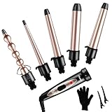 Lockenstab 5 in 1, Ohuhu Lockenstab Große und Kleine Locken Set, Multifunktions Keramikbeschichtung Austauschbare Welleisen mit Verbrühschutz-spitze und Handschuh, Bestes Geschenk Set, Roségold