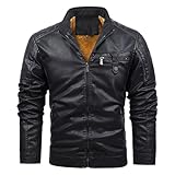 Lederjacken für Herren, Stehkragen, Fleece-gefüttert, Motorrad-Lederjacke, Bomberjacke mit Reißverschluss, Schwarz 2, XL, schwarz 2, XL