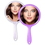 2 Stücke Handspiegel mit Griff Doppelseitiger Handspiegel 1X/3X Vergrößerung, QLFJ-FurDec Transparenter Tragbar Reisespiegel mit Vergrößerung, Runden Make-up-Spiegel für Kinder Frauen (Weiß + Lila)