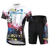 Amur Leopard Kinder Radtrikot Set Jungen Mädchen Fahrrad Trikot Kurzarm & Kurz Radhose mit 3D Sitzpolster Atmungsaktiv Radsport Bekleidung, Weiß-Set, 152-158(Etikettengröße: XXXL)