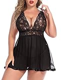 Avidlove Babydoll-Dessous, Damen, Übergröße, Spitze, Netzstoff, Nachtwäsche, Schwarz, Large