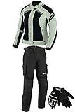 BOSmoto DAMEN MOTORRADKOMBI JACKE + HOSE + HANDSCHUHEN - BIKE MOTORRAD ROCKER TOURING in verschiedenen farben (L, Grau)