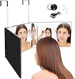 Jacgood 360 Grad Spiegel mit Led- Klappspiegel Friseur Spiegel 3 Wege Spiegel mit Halterungen, Höhenverstellbarer Kosmetikspiegel Rasierspiegel Friseurspiegel für Makeup Rasieren Frisieren