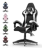 bigzzia Gaming Stuhl Ergonomisch - Gamer Stühle mit Lendenkissen + Kopfstütze Gaming Chair Höhenverstellbar Bürostuhl Computerstuhl für Erwachsene Mädchen Junge, Schwarz-Weiß