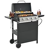 Zevemomo 4 Brenner Gasgrill mit eingebautem Thermometer, langlebiger Deckel, Räder, Beistelltische, Edelstahlbrenner, 34.200 BTU Gasgrill, Perfekt für Outdoor Grill, Terrasse, Garten, Balkon, Schwarz