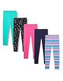 Amazon Essentials Mädchen Leggings, 5er-Pack, Aquagrün/Marineblau/Rosa/Schwarz Sterne/Streifen, 8 Jahre