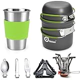 Odoland Camping Geschirr Set 10-teiliges Outdoor Kochgeschirr Aluminium Camping Töpfe Becher Faltbare Besteck Mini Campingkocher für Outdoor Picknick Wandern