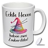 Hexen Tasse mit Deckel Echte Hexen haben zwei Zauberstäbe! Kaffeetasse, Lustige Tasse Stricken, Kaffeebecher mit Deckel, Tasse für Frauen (A: Weiße Tasse inkl. weißem Tassendeckel)