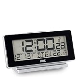 ADE CK1703-2 Funk-Wecker digital, Funkuhr schwarz, Tischuhr, Wecker batteriebetrieben, Display-Beleuchtung, Temperatur-Anzeige, Thermometer, Kalender mit Wochentag, Badezimmer-Uhr