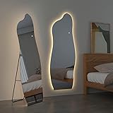 EMKE Standspiegel mit Beleuchtung 160×60cm LED Spiegel groß mit Touch und 3 Lichtfarben, 2 Installationsmethoden, Asymmetrischer Ganzkörperspiegel für Schlafzimmer, Wohnzimmer, Flur und Garderobe usw