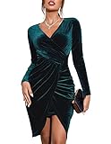 Zeagoo Kleider Damen Festlich Elegant Velvet Kleid Langarm V Ausschnitt Abendkleid Kurz Hoch Taille Sexy Partykleid für Herbst Winter Dunkelgrün S