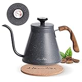 Harriet Wasserkocher mit Schwanenhals, Wasserkocher mit integriertem Thermometer, Kaffeekessel mit Anti-Heiß-Holz-Muster, rostfreier Edelstahl mit Fließauslauf Design für Tropfkaffee, 1050 ml