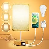 Suright Nachttischlampe Touch Dimmbar mit USB A+C Ladeanschlüssen, Lampenschirm aus Leinenstoff, Holzsockel, Kleine Tischlampe für Schlafzimmer Wohnzimmer (LED-Birne Inklusive)