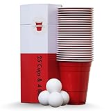 RedCupShop® Becher Set | 25 Red Cups & 4 Bälle | Spülmaschinenfest & Wiederverwendbar | 473ml/ 16oz rote Partybecher