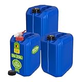 plasteo® 3x 25 Liter Getränke Wasserkanister mit 1 Hahn und 3 Schraubdeckel (DIN 61) | Lebensmittelecht | BPA Frei | Tragbar | Indoor und Outdoor | Blau