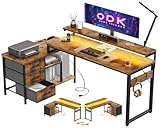 ODK Schreibtisch L Form mit Schubladen, Umkehrbar Eckschreibtisch mit Regal, Gaming Tisch mit LED und Monitorständer, L-förmiger Computertisch mit USB-Ladeanschluss&Steckdose (Braun, 174x100cm)