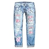 STKOOBQ Frauen Herbst und Winter Valentinstag Jeans Gedruckt Loch Verdickte Hosen Hohe Frau Kleidung, rose, M