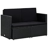 Tidyard 2-Sitzer-Gartensofa mit Auflagen Schwarz Poly Rattan 118 x 65 x 74 cm (B x T x H) Gartenmöbel Rattansofa Loungesofa Terrasse