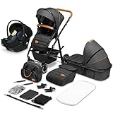 LIONELO Amber Kinderwagen 3 in 1 Kombikinderwagen Set sportlicher Sitz fester Babywanne Autositz Tasche Moskitonetz Regenschutz XXL-Dach mit Sonnenschutz (GRAU GRAFIT)