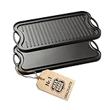 JAXX ROADHOUSE Gusseisen Grillplatte | Gussplatte zum Aufsetzen auf Holzkohlegrill/Gasgrill sowie Ofen und Herd | Plancha, Teppanyaki, Burger, Gemüse | 50x23x1,4 cm