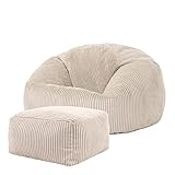 Icon Kingston Sitzsack mit Hocker, Beige, Sitzsack Sessel, Cord Sitzsack, Sitzsack Erwachsene mit Füllung, Sitzsack Flauschig, Sitzsack Schlafzimmer, Sitzsack Wohnzimmer