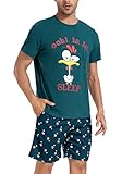 Jezonga Schlafanzug Herren Kurz Pyjama Lustig Baumwolle Shorty Nachtwäsche Zweiteilige Pyjamas mit Hahn T-Shirt und Schlafanzughose für Männer,Türkis,XL