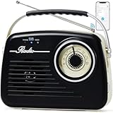 Radios Portable Am Fm, Kleine Retro Vintage Radio Bluetooth, AA-Batterie betriebene Radio oder Stecker in der Wand, Unterstützung SD-Karte AUX USB MP3-Player für Haus/Outdoor (Black)