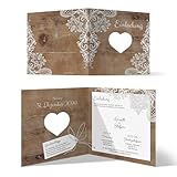 Individuelle Hochzeit Einladungskarten ab 10-100 Stück Hochzeitskarten Hochzeitseinladungen - Rustikal mit weißer Spitze mit Herzstanze, dickes 300g/qm Papier, 148x148mm, passende Umschläge optional