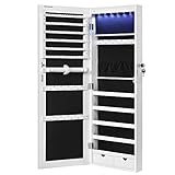 SONGMICS Schmuckschrank hängend, Spiegelschrank mit LED-Innenbeleuchtung, Wandschrank mit Ganzkörperspiegel, Wandmontage, an der Tür hängend, weiß JJC99WT