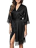 Tuopuda Bademantel Damen, Satin Kimono Morgenmantel Sommer, Nachthemd Spitze mit Taschen Kurz Robe mit Gürtel Blumenspitze Nachtwäsche Sleepwear für Party Hochzeit Braut Brautjungfern, Schwarz, XL