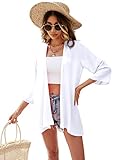 Ietaoo Strickjacke Damen Kimono Cardigan Chiffon Boho 3/4 Arm Leichte Sommerjacke Strand Cover Up Shawl Bluse, Solide Weiß, Gr. S