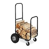 Relaxdays Log Holder Cart Kaminholzwagen, 2 Reifen & 2 Rollen, bis 60 kg, Brennholzwagen Stahl, Holztransport & -aufbewahrung, schwarz, 80%, 1 Stück