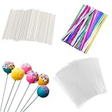 Hariendny 300 Stück Cake Lollipop Stiele Set 100 Süßigkeiten Tüten 100 Lollipop Sticks 100 Twist Ties Cake Pop Maker Set für Lutscherherstellung