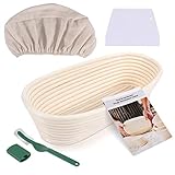 Familybox Gärkörbchen Oval ø 27.6 cm, Höhe 7.5 cm Banneton Proof Korb Gärkörbe Korb für Brot und Teig mit Leineneinsatz, Teigschaber, Starter Rezept Set für selbstgemachtes Brot & häusliche Bäcker