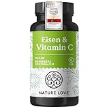 NATURE LOVE® Eisen mit natürlichem Vitamin C Kapseln – 20mg Eisenbisglycinat und 43mg Vitamin C – 120 Kapseln – vegan, geschmacksneutral – in Deutschland produziert