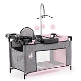 Bayer Design 62633AB Puppenbett mit Schrank, Sitz, Mobile, Ablage, Bettdecke, Kissen, Jeans-grau, rosa, Einhorn, Klein