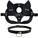 Delicate Dew Frauen Leder Katze Maske und Halskette Set Halloween Cosplay Party Punk Zubehör (Katzenmaske/Ring Choker)