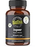 Ingwer Bio Kapseln 150 Stück - 400 mg pro Kapsel - Zingiber Officinale - garantiert ohne Zusätze - 100% Vegan - Abgefüllt und kontrolliert in Deutschland - Biotiva