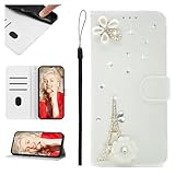 SEHEYA Hülle kompatibel mit Samsung Galaxy S6 Edge Klapphülle Weiß PU Leder Glitzer Romantisch Paris Diamant Strass Bling Handyhülle Magnet Verschluss Tasche Schutzhülle Etui