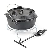 Dutch Oven 3l mit Untersetzer und Deckelheber, Kochtopf aus Gusseisen für Lagerfeuer und Camping