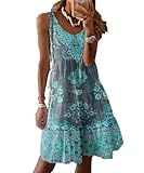 Yeenily Damen Sommerkleider Ärmellos Leichte Lässige Freizeitkleid Elegant Knielang Blumenkleid Sommer Mini Strandkleider (Grün Grau, L)