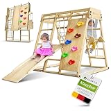 Juskys Maxi Klettergerüst für Kinder - Indoor Spielplatz mit Rutsche, Kletterwand, Kletternetz & Schaukel - Holz Kletterturm klappbar - Natur