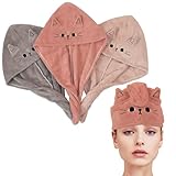 Arnoteks Haarturban,3 Stück Turban Handtuch - Mikrofaser-Haartuchwickel Super absorbierender Schnell trocknender Handtuch mit Knopfdesign‘Niedliches Kätzchen’ -Serie (Rosa, grau, beige)