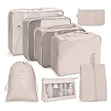 OSDUE Koffer Organizer Set 8-teilig, Packing Cubes, Wasserdichte Reise Kleidertaschen, Packtaschen für koffer, Verpackungswürfel mit Kosmetiktasche, Schuhbeutel, USB Kabel Tasche (Beige)