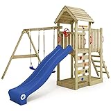 WICKEY Spielturm Klettergerüst MultiFlyer mit Holzdach, Schaukel & Blauer Rutsche, Outdoor Kinder Kletterturm mit Sandkasten, Leiter & Spiel-Zubehör für den Garten