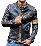 Herren-Motorradjacke, echtes Leder, Vintage-Stil, Schwarz Gr. L, Schwarz